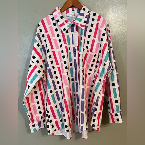 Emily Wonder Boho Multicolor Geometric Corduroy Thick Shacket Shirt L NWT - Picture 1 of 12